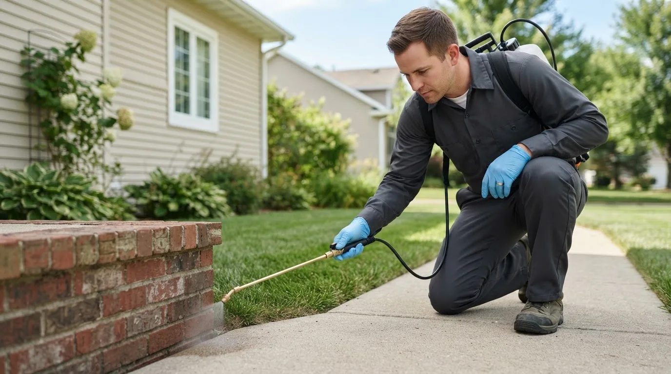 Pest control technician treating a home near Rochdale, MA