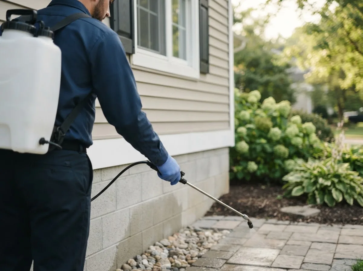 Pest control technician inspecting a home in Rochdale, MA